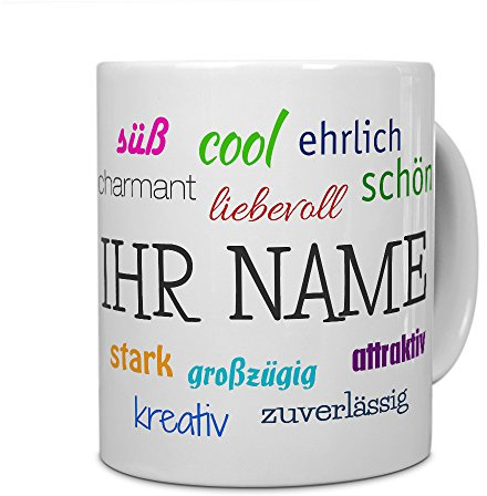 printplanet® Tasse mit Namen personalisiert - Motiv Positive Eigenschaften individuell gestalten - Farbvariante Weiß