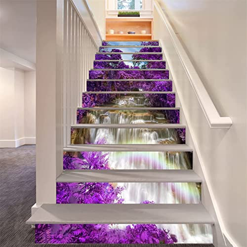 FLFK 3D Wasserfall purpurrote Blumen Bäume Selbstklebend Treppen Aufkleber Vinyl Abnehmbare Aufkleber für Treppenhaus Zuhause Dekoration 39.3Zoll x7.08Zoll x13 stücke
