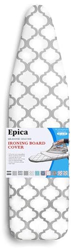 Epica Silicone Coated Ironing Board Cover- Resists Scorching and Staining - 15x54 (Board not Included) (White and Grey Lattice)
