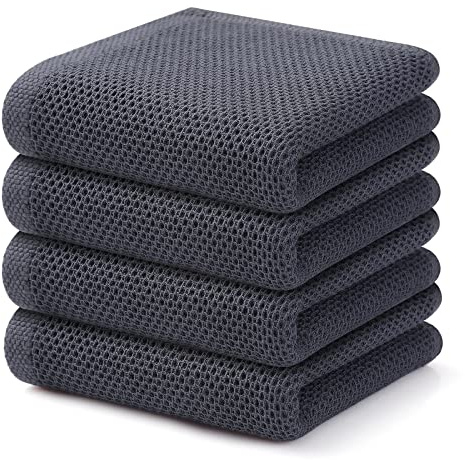 Kitinjoy Küchentücher aus 100% Baumwolle, Waffelgewebe, 4 Stück, superweiche und saugfähige Küchentücher zum Trocknen von Geschirr, Küchenhandtücher, 33 x 71 cm, Dunkelgrau