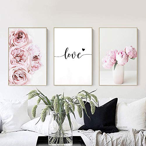 DHLHL 3 Pezzi su Tela Dipinto Nordic Decor Rosa peonia Fiore Poster e Stampa Amore Wall Art Immagine Floreale Arredamento Camera da Letto Decorazione della casa 50x70 cm Senza Cornice