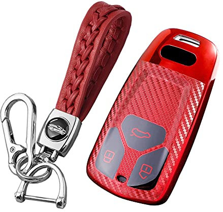 ontto Autoschlüssel Hülle Cover Passt für Audi A4 B9 A5 A6L A6 S4 S5 S7 8W Q7 4M Q5 TT TTS RS Fernbedienung TPU Kohlefaser Schlüsselhülle Schlüsselanhänger Schlüssel Schutz Etui 3 Tasten-Rot