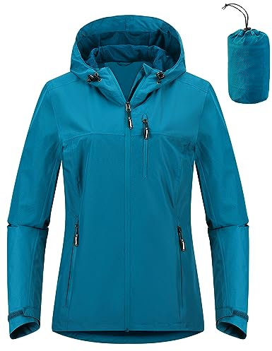 Outdoor Ventures Women's Waterproof Jackets Ladies Lightweight Windproof Packable Rain Jacket Raincoat Outdoor Windproof Running Golf Cycling Softshell Jacket with Hood Blue XS/UK 8