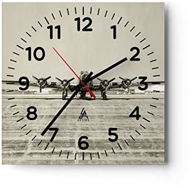 Modern Wanduhr Flugzeug alt Bomber 40x40cm Quadrat Groß Wand Uhr Glas Analog Zimmeruhren Küche Büro Wohnzimmer Glasuhr Wall Clock Dekoration Design Wanddekoration Küchenuhr C4AC40x40-4184