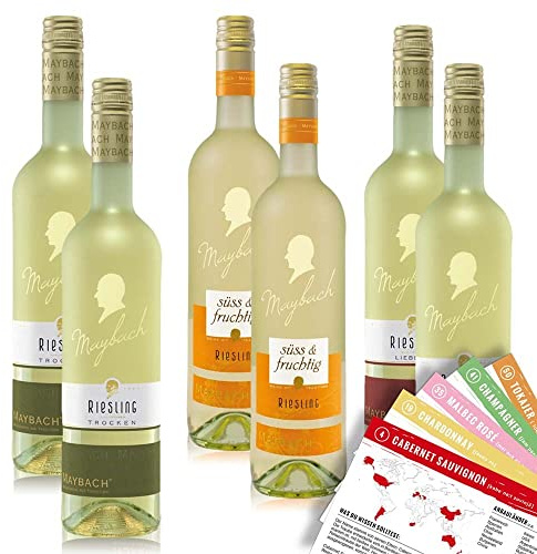 VINOX Maybach Riesling lieblich, süss, trocken Geschmacksweltt, Weinpaket + VINOX Weinkarten (6x0,75 l)