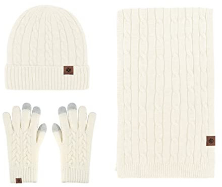 LumiSyne Winter 3 In 1 Mütze Schal Handschuh Sets Für Herren Damen Chunky Gestrickt Alpaka Wolle Textur Einfarbig Kabel Gestrickte Strickmütze Langer Schal Touchscreen Handschuhe Dicke Warme Futter