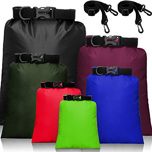 wasserdichte Trockentaschen Trockenbeutel Set 15 L+ 8 L +5 L+4 L+3 L+ 2 L wasserdichte Packsäcke Leichte Säcke und 2 Lange Verstellbare Schultergurte (Dunkle Farben, 6 Stücke)