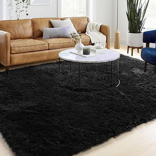lightlux Teppich Shaggy Hochflor für Wohnzimmer Langflor Teppich Hochwertig Hohe Pflegeleicht Fadendichte Wasser Indoor Bodenmatte für Esszimmer Schlafzimme(Black, 60×100cm)