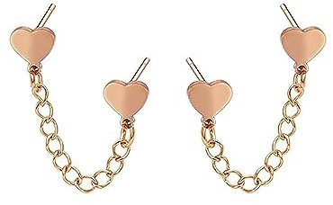 Cute Heart Love Double Piercing Huggie Stud With Short Chain Stainless Steel Earrings for Women Girls Cartilage Two Holes Fashion Chic Minimalist Climber Crawler Threader Dangle Drop Gifts (Rose Gold)