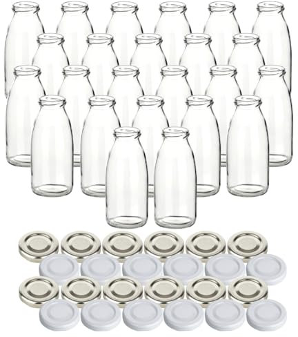 gouveo 24er Set Glasflasche für Saft mit Schraubdeckel in silberfarben und Weiss - Saftflasche 250 ml - Leere Flaschen für Saft, Smoothies, Limonade (SF250SW)