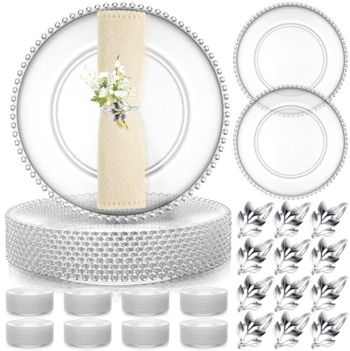 Bokon 50 Set Clear Charger Plates Bulk 13 Inch Beaded Plastic Charger Plates with Napkin Rings Acrylic Round Dinner Chargers Table Decorative Plates for Party Wedding Thanksgiving (Clear and Silver)