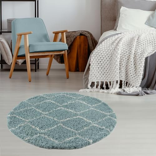 THE RUGS Modern Moroccan Design Living Room and Bedroom Rugs, Non-Shedding & Easy Care (Boho Duck Egg Blue/Ivory, 120 cm Round)