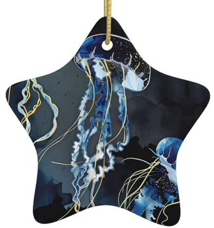 Blaue und goldene Qualle Print Personalisierte Weihnachtskugel, Keramik Sternform Weihnachten Hängende Ornament, Weihnachtsbaum Dekoration Für Freund Freundin Frau Xmas Geschenke