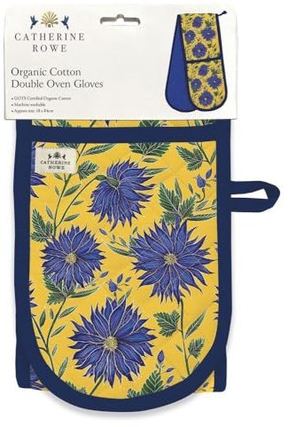 Double Oven Gloves - Organic Cotton - Artistic Blue Flowers Floral Design by Catherine Rowe - Stylish Kitchenware