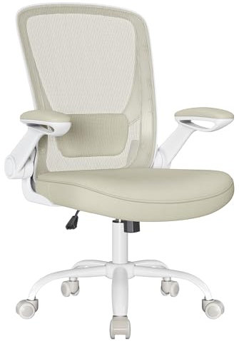 SONGMICS Bürostuhl ergonomisch, Drehstuhl mit Mesh, Lenden- und Kopfstütze, Wippfunktion, 53 cm große Sitzfläche, klappbare Armlehnen, Arbeits- und Schlafzimmer, Studenten, haferflockenbeige OBN037K02