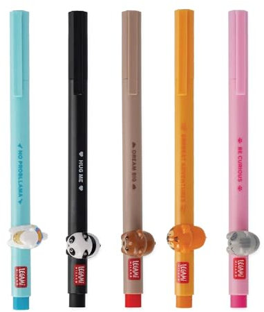 Legami Gelschreiber-Set – Set mit 5 Gelstiften mit dekorativem Tier, kein Rollen, abnehmbares und rekombinierbares Tier, 0,5 mm Spitze