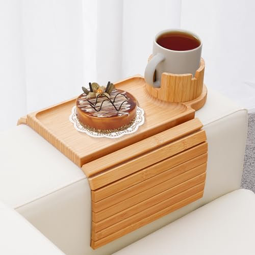 BAMBOOTRAY Couch Cup Holder Tray, 3 in 1 Couch Arm Table,Large Bamboo Sofa Arm Rest Tray with 360° Cup Holder,Removable Anti-Slip Organizer for Snack Drink Eating