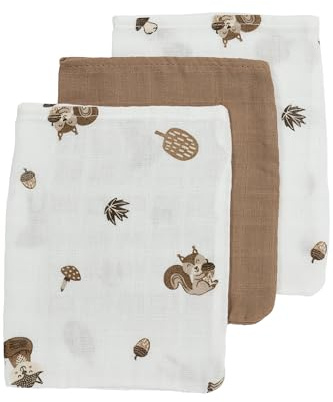 MEYCO Baby Waschhandschuhe Musselin - 3er Pack - 20x17cm - Musselin Waschlappen - 100% Baumwolle - Oeko Tex Zertifiziert - saugfähig, hautfreundlich & schnelltrocknend - Forest Animals - Karamell