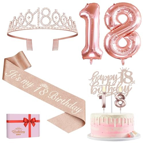 18. Geburtstag Mädchen Deko, 18. Geburtstag Krone und Schärpe, Happy Birthday Tortendeko Kerzen, Luftballons Rosegold, Geschenke für Mädchen 18 Jahre