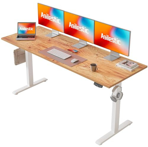 Agilestic Bureau à hauteur réglable 160 x 60 cm, bureau stable avec réglage électrique de la hauteur et commande manuelle avec mémoire, bureau ergonomique pour travailler debout ou assis, marron clair