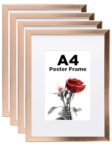 Egofine Lot de 4 cadres photo A4 en bois avec verre acrylique - Cadre en MDF - Passe-partout pour photos A5 - Cadre de certificats - Pour montage sur table et mural - 21 x 29,7 cm - Or rose