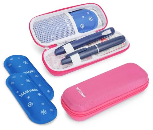 YOUSHARES Insulin Kühltasche - TSA Eva Etui Tasche für Insulin Pen, Epipen, Insulin und andere Diabetes Zubehör - Mini Medikamente Kühlbox auf Reisen, Klein Isoliertasche mit 2 Kühlakkus (Rot)