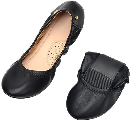 Women's Ballet Ballerina Flat Elastic Foldable Portable Roll Up Shoes Flat Shallow Bent Shoes Slip On Shallow Mouth Round Toe Shoes Boat Shoes (Black, 41)