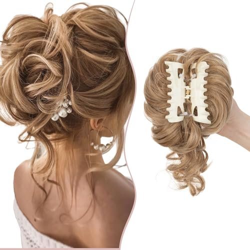 SEGO Moños Postizos Rizados de Pelo con Pinza Coleta Postiza Pelo Natural Extensiones de Sintético Cabello Ondulado Postizos para Mujeres(#27T613 Castaño Café/Blanqueador Rubio,75g)
