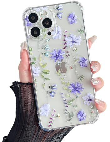 DEFBSC Case for iPhone 13 Pro Max, Cute Clear Floral Flower Pattern Design for Girls Women Slim Fit Shockproof Soft TPU Bumper Protective Cover - Purple