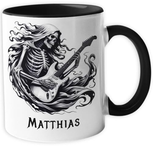 Personalisierte Heavy Metal Tasse | Skelett mit Gitarre | Grim Reaper | Totenkopf |Geschenk für Metal Fans, Musiker, Biker, Festival Gänger, Gitarristen | 330 ml V21