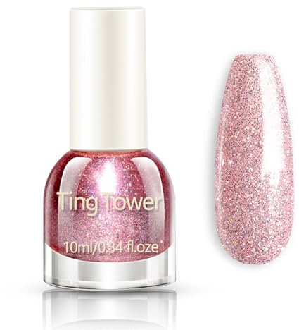 Glitter Nail Polish - Shimmering Sparkly Pink Nail Varnish - Quick Dry Bright Pink Nail Polish - High Glossy Long Lasting Nail Art No Need UV DIY Nail Art
