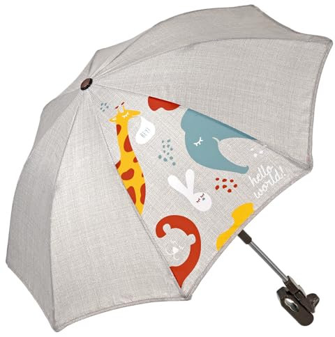 PERLETTI Sombrilla Carro Bebe Universal Anti UV con Animales - Mini Paraguas Cochecito Niño Niña Protección Solar Apertura Manual - Sombrilla Lluvia Carrito Silla de Paseo - Diámetro 70 cm (Beige)