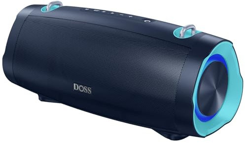 DOSS Extreme Boom Pro D100 Bluetooth-Lautsprecher mit 70 W kräftigem Sound, Extra Bass, 24 Stunden Spielzeit, Beat-Sync-Lichtern, Integrierter Powerbank, IPX6-wasserdicht – Outdoor, Camping (Blau)