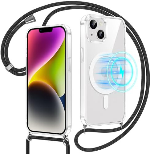 Xiltlly Magnétique Coque pour iPhone 14/iPhone 13 avec Cordon, Silicone Étui Compatible avec MagSafe, Housse Transparente avec Collier Antichoc Etui pour iPhone 14/iPhone 13, Bandoulière, Noir