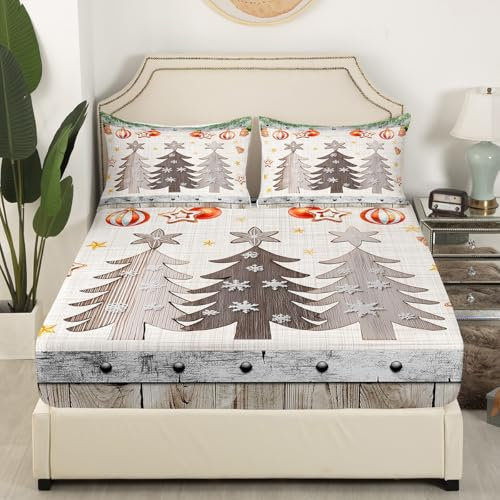 Rustikales Bauernhaus Spannbettlaken L Größe, fröhliche Weihnachtssterne Kiefer Retro Matratzenbezug mit 2 Kissenbezügen, Vintage Land Weihnachten Scheune Holz Deep Pocket Bettlaken (kein Top Sheet)