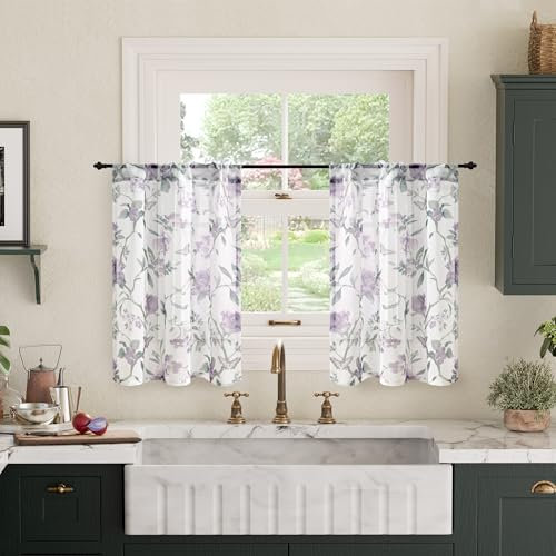 Lajode Durchsichtige Vorhänge mit Blumenmuster für Fenster, kurz, halbtransparent, lichtfilternd, Vintage-Lavendel, Bauernhaus, Keller, halbe Café-Vorhänge, 61 cm lang, 2 Paneele, Stangentasche, Lila,