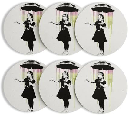 Banksy NOLA Regenschirm, rund, Korkboden – Banksy Nola Regenschirm, Girl Ouragan Katrina – 6 Stück (95 x 95 mm)