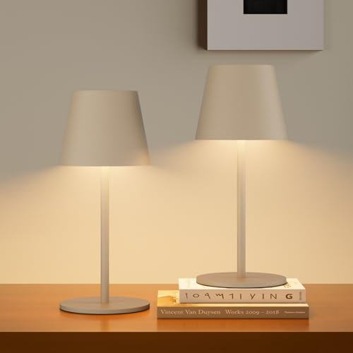 lundwa 2 pezzi Lampada da tavolo 26CM, Luce calda Colore 3000K, 5000mAh,Impermeabile IP54 lampade da tavolo senza fili, Ideale per cene in giardino, pub, feste, Ufficio, sala da pranzo(cachi)