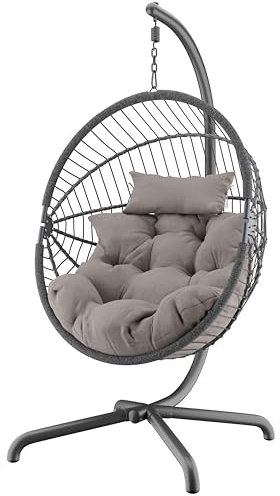 Blisswood Rattan Swing Egg Chair Garden Patio For Indoor Outdoor Hanging Hammock With Cushion & Stand Indoor & Outdoor Chair Upto 150kg Weight Capacity (Dark Grey)