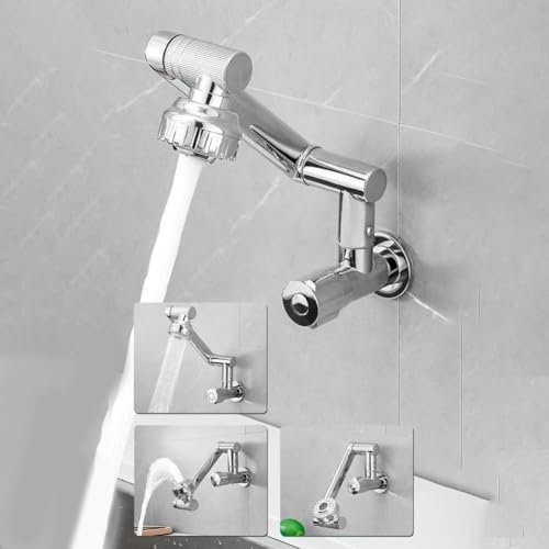 Robinet de cuisine, robinet d'évier mural avec double options de sortie, robinet de douche rotatif à froid unique à 1080 ° (argenté)