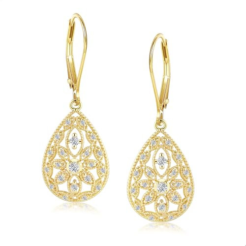 ALEXCRAFT Tropfen Ohrringe Gold Hängend Hohle Blume mit Zirkonia Leverback Dangle Gold Earrings für Frauen Freundin Mama Mädchen