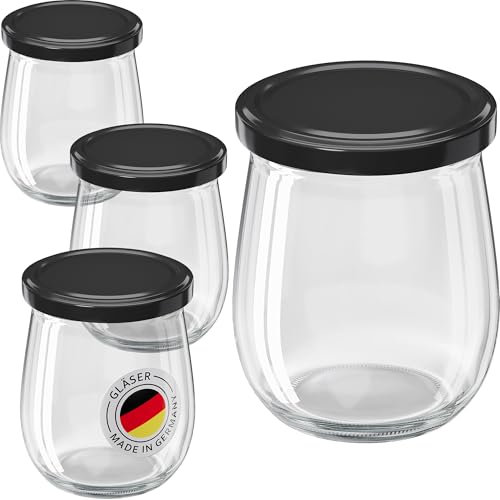 WELLGRO 6x Einmachgläser mit Schraubdeckel - 417ml - Deckel To 82 schwarz - Made in Germany - Vorratsgläser mit Deckel, Gärglas, Dessertgläser