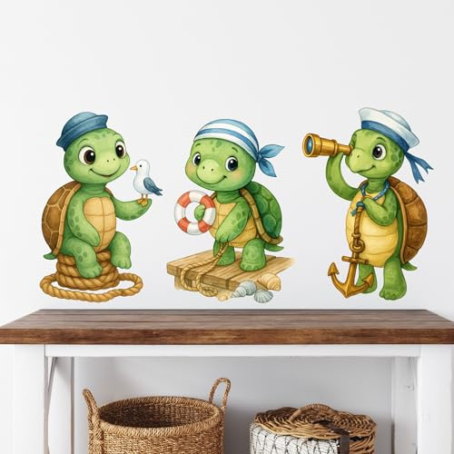 Maritimes Wandtattoo Schildkröten Kompass Boot selbstklebend | mögliche Gestaltungsfäche: 120 cm x 120 cm, 120 x 120 cm, Set 4; maritime Wanddeko als Vinylfolie für Bad, Flur und Kinderzim
