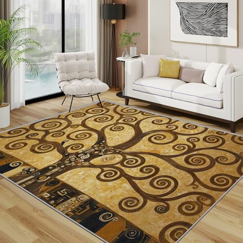 TerroVee Baum des Lebens Teppich Waschbar, Gold Luxus Vintage Teppich 80x150 cm, Klimt Jugendstil rutschfest Waschbar Pflegeleicht Teppiche Für Schlafzimmer Küche, Braun Schwarz Gold