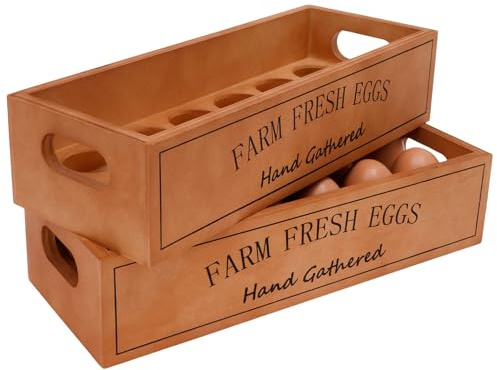 2 Pcs Portable Wood Egg Holder, Stackable Fresh Egg Holder with Handle Holds 24 for Home Kitchen Counter Food Shop Supermarket