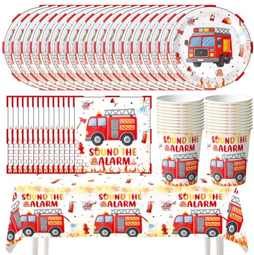 Fireman Geschirr Set,Feuerwehrmann Partygeschirr, Geburtstag Party Set,rotes Geschirr inklusive Servietten, Papptellern, Pappbechern und Tischdecke,für Thematische Geburtstagsdekorationen (61PCS)