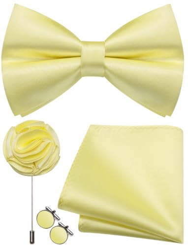 Ailisus Hellgelbe Fliege Herren Vorgebunden Satin Fliege und Einstecktuch mit Ansteckblume Manschettenknöpfe Set für Feste