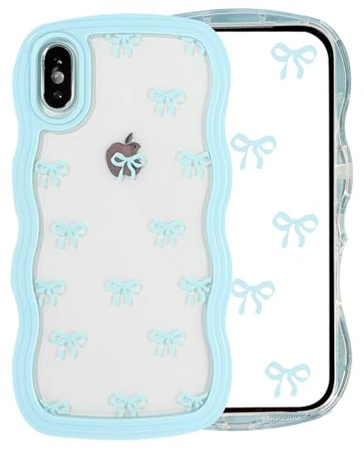 Riccase for iPhone X Case iPhone XS Phone Case Bow Curly Wave Frame Phone Case, Shockproof Clear Soft Transparent Silicone Protective Bumper Cover for Women Girls, Blue