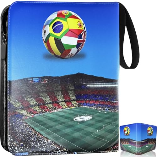 Groß 34X28CM Fussball Karten Sammelalbum 900 Karten 9 Fächer 50 Seiten | Sammelalbum Fußball Karten,PU Karten Halter Sammelkartenalben mit Reißverschluss und Griffschlaufe,Kompatibel mit Kartentypen