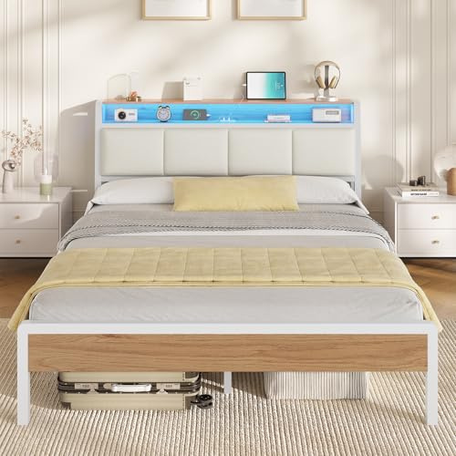 Double Bed Frame 135 x 190 cm with LED Light, Upholstered Headboard with Sockets, 4FT6 Upholstered Bed with Open Shelf, Metal Platform Support, Noise Free, No Box Spring Required, Easy Assembly, White